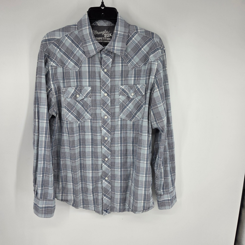 Wrangler 20X Competition Mens Blue Plaid Western Pearl Snap Shirt Large Stretch